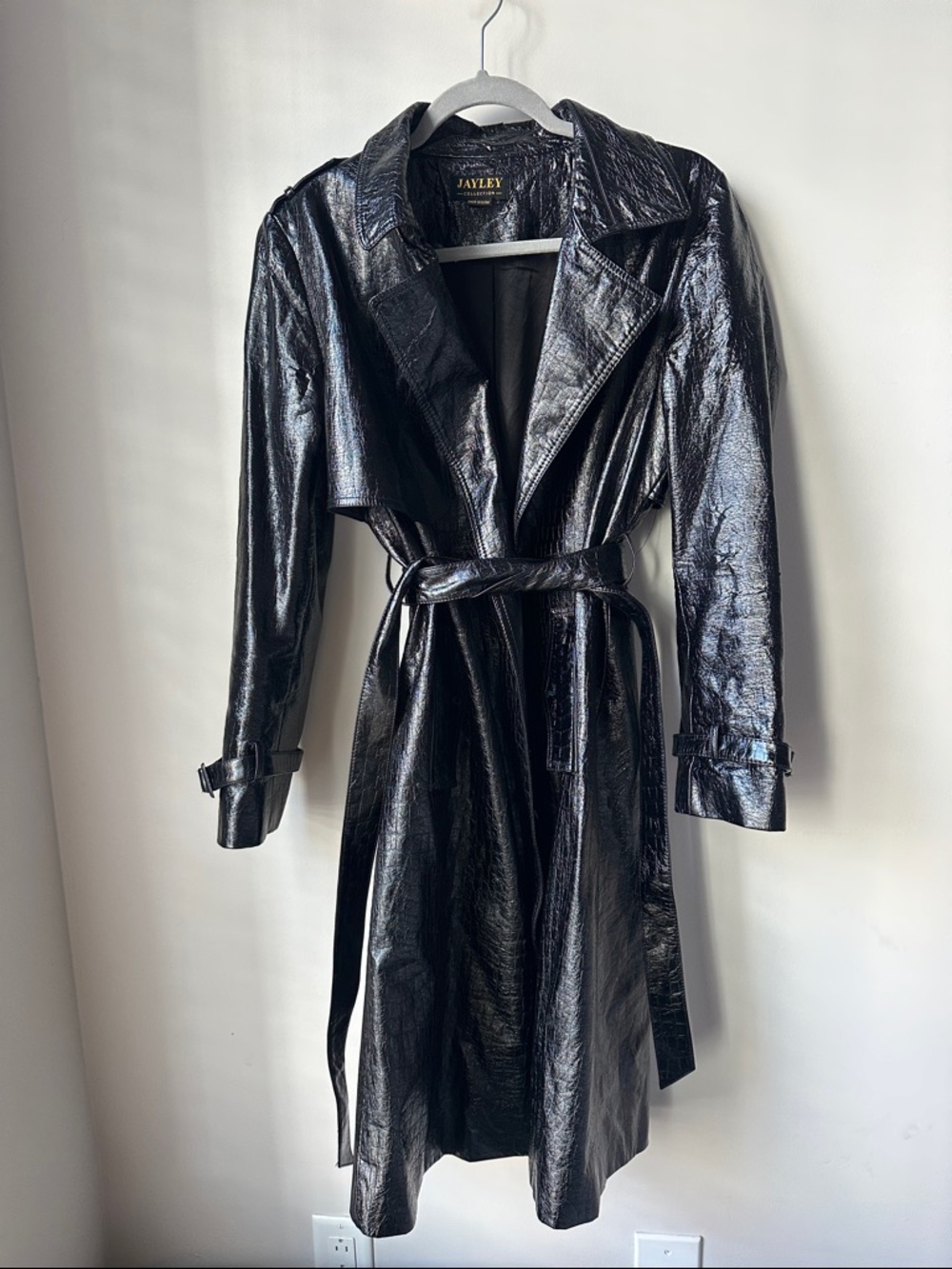 Black Patent Trench Coat with Belt